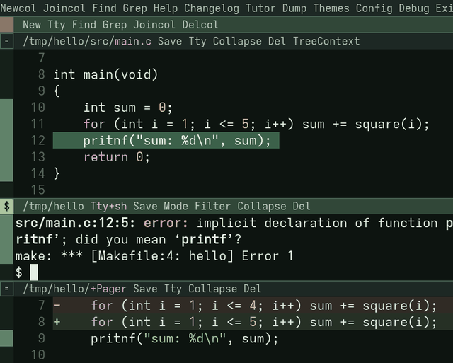 a pardes window: workspace tag, column tag, a file pane, a terminal and a diff